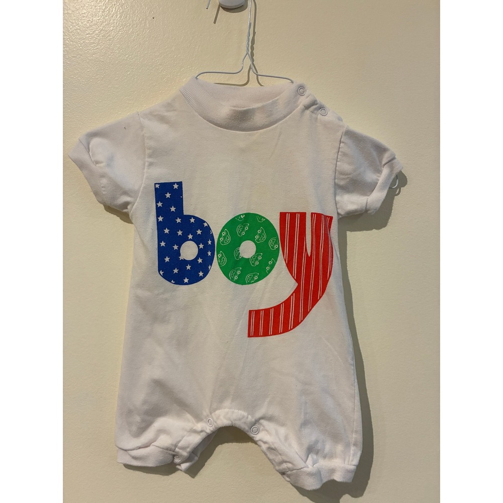 Vintage White Short Sleeve Boy Graphic Romper Multi Color Snaps 3-6M